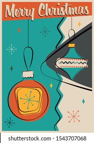Merry Christmas Greeting Card, Postcard, Poster Mid Century Modern Style, Vintage Colors and Shapes