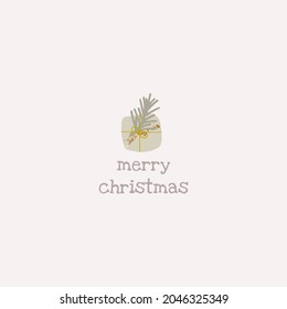 Merry Christmas greeting card or postcard with cute winter holiday illustration of xmas tree little  branch with decoration ball on it