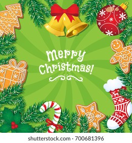 Merry Christmas greeting card, postcard, banner design with gingerbread cookies, bells, candy cane, cartoon vector illustration. Christmas banner, card design with Xmas decoration elements