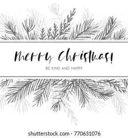 Merry Christmas greeting card, postcard vector design: hand drawn silver gray ink winter tree, pine needles, juniper branch red wood, blue spruce, cedar leaf border frame. New year decorative template