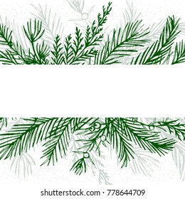 Merry Christmas Greeting Card, Postcard Vector Design: Hand Drawn Green Greenery Winter Tree, Pine Needles, Juniper Branch Red Wood, Blue Spruce, Cedar Leaf Border Frame. New Year Decorative Template