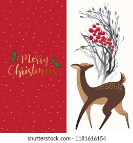 "Merry Christmas" greeting card poster. Vector illustration of winter abstract landscape with deer and trees branches in flat art style.