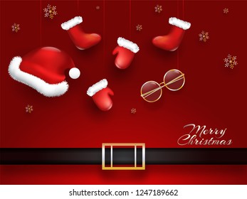 Merry Christmas greeting card or poster design, illustration of santa hat, gloves and spectacles hang on glossy red background.