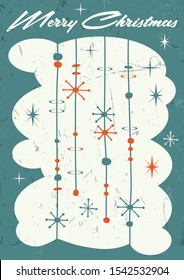 Merry Christmas Greeting Card, Poster, Banner, Background. Mid Century Modern Art Style, Vintage Colors and Shapes, Grunge Texture Pattern