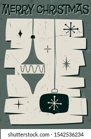 Merry Christmas Greeting Card, Poster, Banner, Background. Mid Century Modern Art Style, Vintage Colors and Shapes, Grunge Texture Pattern