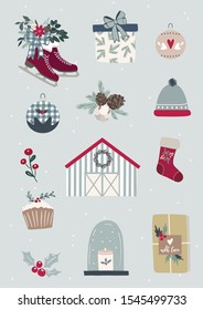 Merry Christmas greeting card or poster with cute hand drawn clipart elements in modern scandinavian style,farmhouse christmas, gift box, sweater, hat, christmas decoration, cozy home, winter holidays