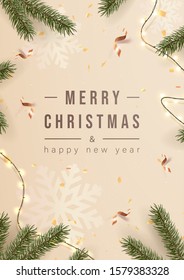 Merry Christmas greeting card or poster with Chrirstmas decor fir twigs and confetti, vector illustration.