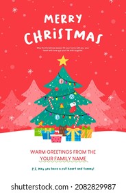 Merry Christmas greeting card poster design vector illustration. Christmas tree in red background with wishes and blessings