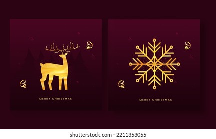 Merry Christmas Greeting Card OR Poster Design With Golden Reindeer, Snowflake, Curl Ribbon And Xmas Trees On Dark Pink Background.