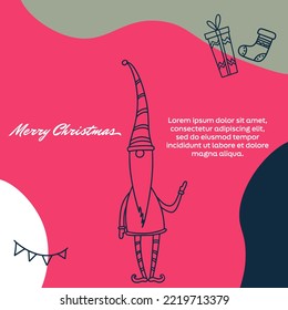 Merry Christmas greeting card, poster, holiday cover. Minimalist Christmas design in blue and pink tones with hand-drawn elements.