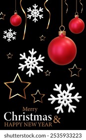 Merry Christmas greeting card or poster. Vector illustration. Christmas elegant invitation template with xmas balls, snowflakes and serpantine decoration
