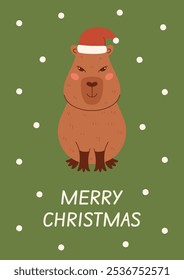 Merry Christmas greeting card or poster with Christmas Capybara in in a Santa Claus hat. Flat vector illustration for print, scrapbooking, social media.
