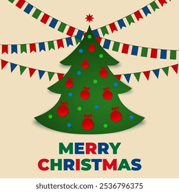 Merry christmas greeting card, poster, banner. Christmas tree, garland, balls. Creative design for postcard, invitation, greeting card, wallpaper. Party event decoration, vector illustration