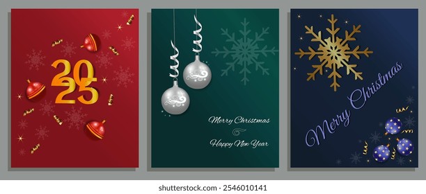 Feliz Natal cartão de saudação cartaz definir Vetor imagem. Elegante modelo de convite de Natal com bolas de Natal, galhardetes e decorações flocos de neve. Ilustração vetorial