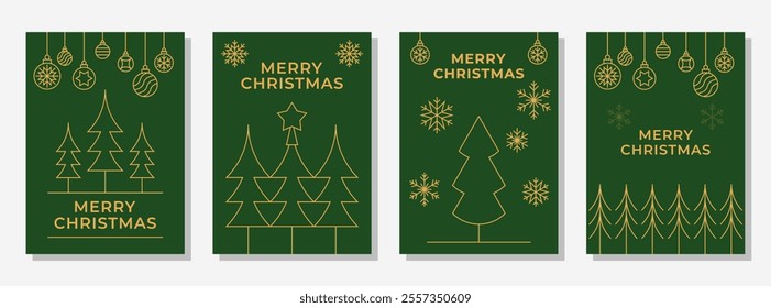 Merry Christmas Greeting Card Poster Graphic Vector Set. Christmas Pine Tree,  Tree, Star, Snowflake, Snow, Bauble, Christmas Ball. Editable Line Art Stroke
