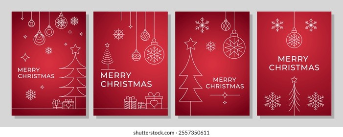 Merry Christmas Greeting Card Poster Graphic Vector Set. Christmas Pine Tree,  Tree, Star, Snowflake, Snow, Bauble, Christmas Ball. Editable Line Art Stroke