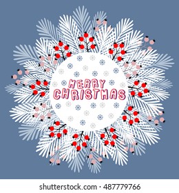 Merry Christmas greeting card, poster with wreath frame of fir branches and red berries on blue background. Winter season vector illustration. Editable.