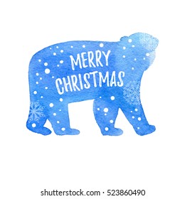 Merry Christmas greeting card, poster with hand drawn blue watercolor bear. Vector winter holidays background with hand lettering, snowflakes, falling snow.