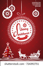 Merry Christmas greeting card or poster design template with Christmas tree and Christmas Balls. Vector illustration.