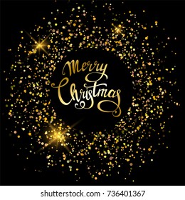 Merry Christmas greeting card, poster, party invitation, banner or flyer on black background with golden sand. Vector Illustration.