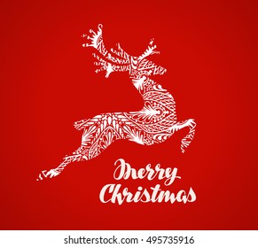 Merry Christmas greeting card. Prancing reindeer painted in a decorative style. Vector illustration