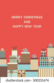 Merry Christmas greeting card with present boxes. Vector illustration.