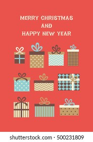 Merry Christmas greeting card with present boxes. Vector illustration.