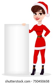 Merry Christmas greeting card. Pretty woman in Santa Claus costume standing near blank placard. Vector illustration