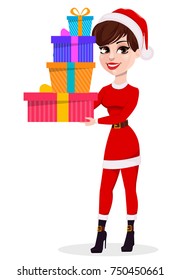 Merry Christmas greeting card. Pretty woman in Santa Claus costume holding three gift boxes. Vector illustration