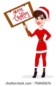 Merry Christmas greeting card. Pretty woman in Santa Claus costume holding placard with handwritten greetings. Vector illustration