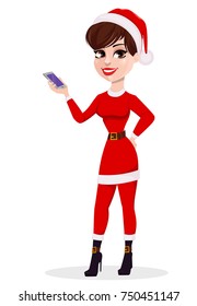 Merry Christmas greeting card. Pretty woman in Santa Claus costume holding modern smartphone. Vector illustration