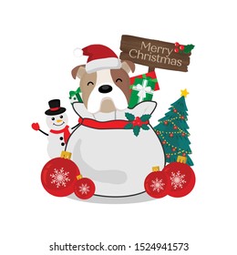 Merry Christmas greeting card. Puppy on gift bag.