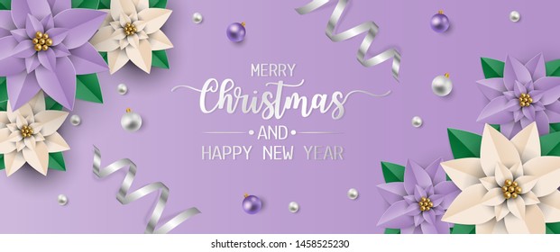 Merry christmas greeting card with purple poinsettia flowers, white and purple balls on purple background. Vector illustration