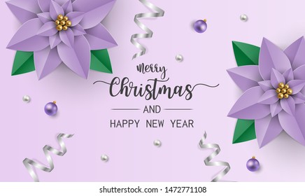 Merry christmas greeting card with purple poinsettia flowers, white and purple balls on purple background. Vector illustration