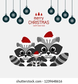 Merry Christmas greeting card with Raccoons in costumes Santa Claus.