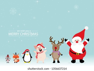 Merry Christmas greeting card with Rats, foxes, penguins, pigs, reindeer, Santa Claus. Cute animal holiday cartoon character vector. Vector concept illustration for design.