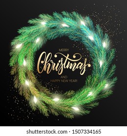 Merry Christmas greeting card with a realistic colorful wreath of pine tree branches, decorated with Christmas lights. Modern lettering Merry Christmas in gold
