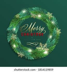 Merry Christmas greeting card with a realistic colorful wreath of pine tree branches, decorated with Christmas lights. Modern lettering Merry Christmas in gold