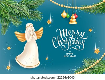 Merry Christmas greeting card. Realistic white ceramic figurine of Christmas angel with golden wings, branches of fur tree and christmas tree toys. Vector illustration. Template for New Years Design