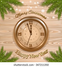 Merry Christmas Greeting Card with realistic clock and branches of spruce on wooden background. Merry Christmas and Happy New Year.