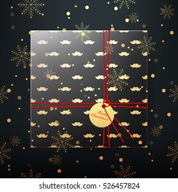Merry Christmas greeting card. Realistic green gift box with tag. Vector illustration.
