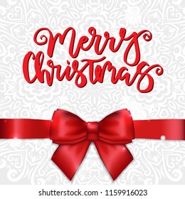 Merry Christmas Greeting Card with Red Satin Bow and Ribbon with Lettering Calligraphy. Template for Congratulations, Housewarming posters, Invitations, Photo overlays. Vector