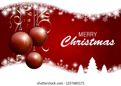 Merry Christmas greeting card with red snowflakes background. vector illustration