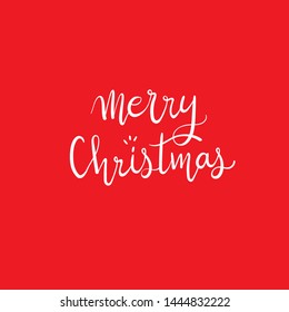 Merry Christmas greeting card in red background. Lettering calligraphy hand written vector.