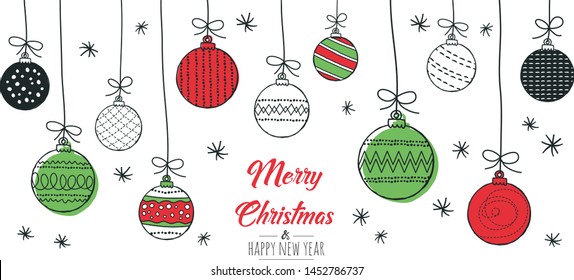 Merry Christmas greeting card red and green with modern baubles. Vector illustration.