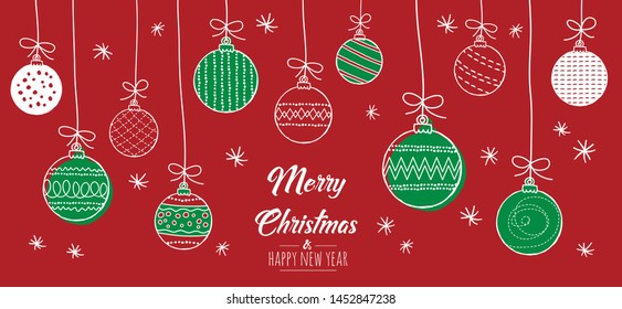 Merry Christmas greeting card red and green with modern baubles. Vector illustration.