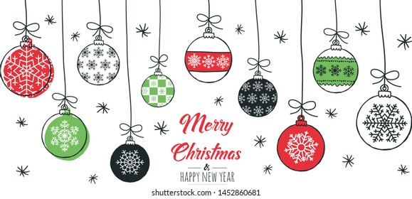 Merry Christmas greeting card red and green with modern baubles. Vector illustration.