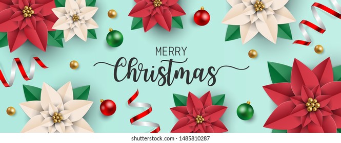 Merry christmas greeting card with red poinsettia flowers, red and green balls on green background. Vector illustration