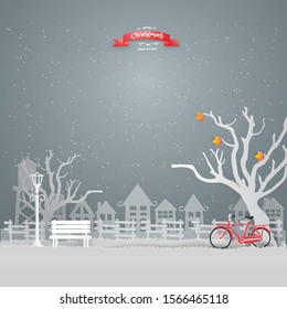 Merry Christmas Greeting Card With Red Bicycle Under The Deciduous Tree.Paper Art And  Illustration Style Paper.