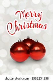 Merry Christmas greeting card with red balls. Festive illustration of glass red christmas balls on white background with bokeh. Realistic 3d vector objects. Festive flyer, banner, poster, card design